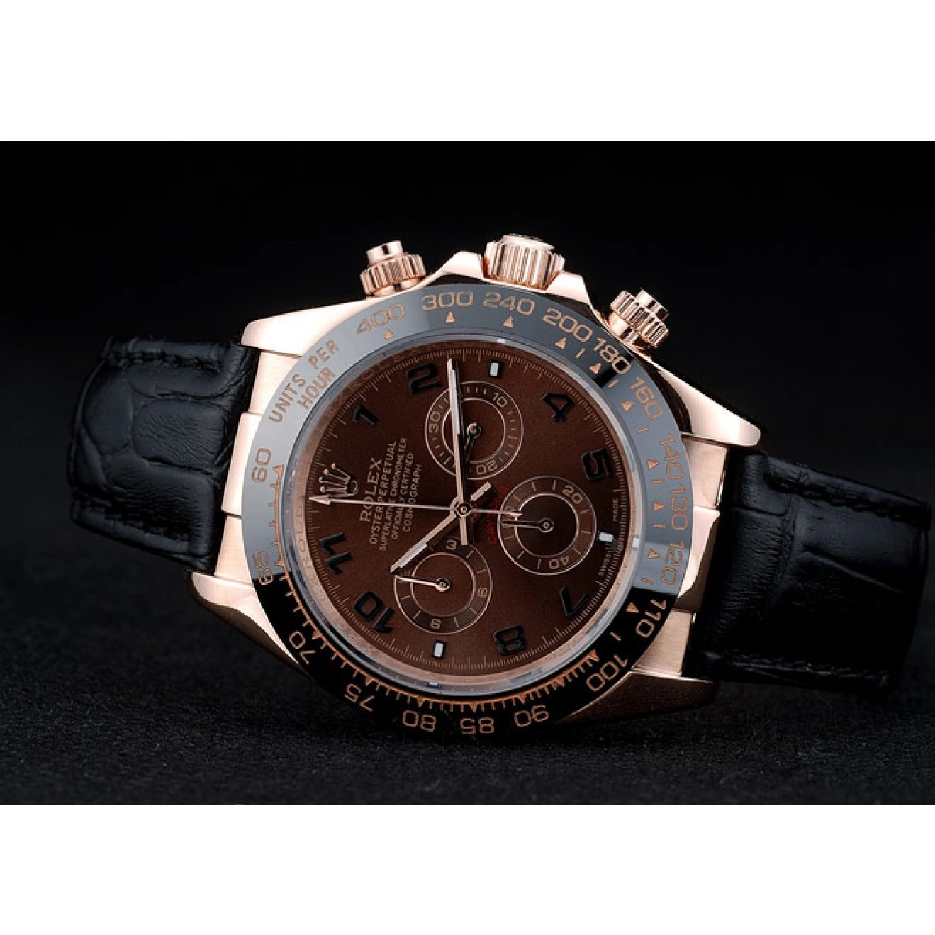 Aaa replica watch Ceramic Dial Daytona Leather Strap Rolex Bezel Black Black 41975 Brown 0602